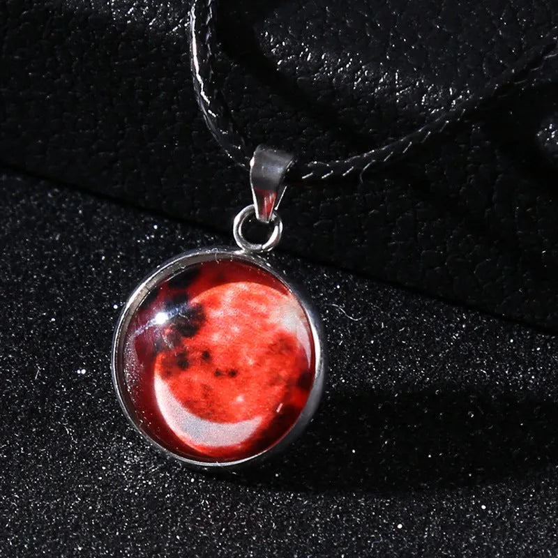 Moon night sky constellation glass pendant on a luminous alloy necklace chain with extension.