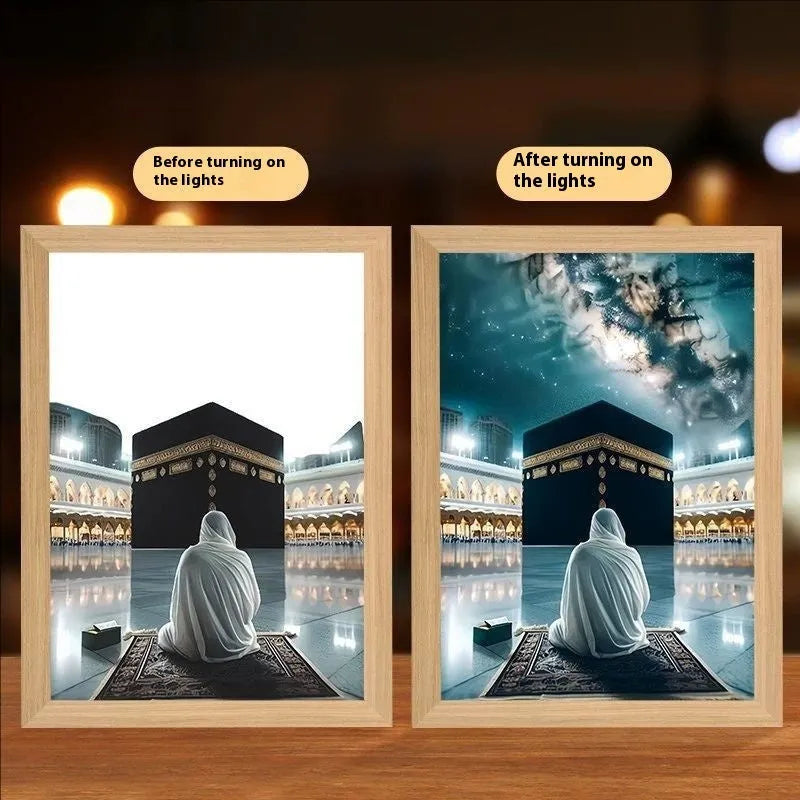Handmade rectangular LED light painting photo frame showing a spiritual cross design, with USB cable.