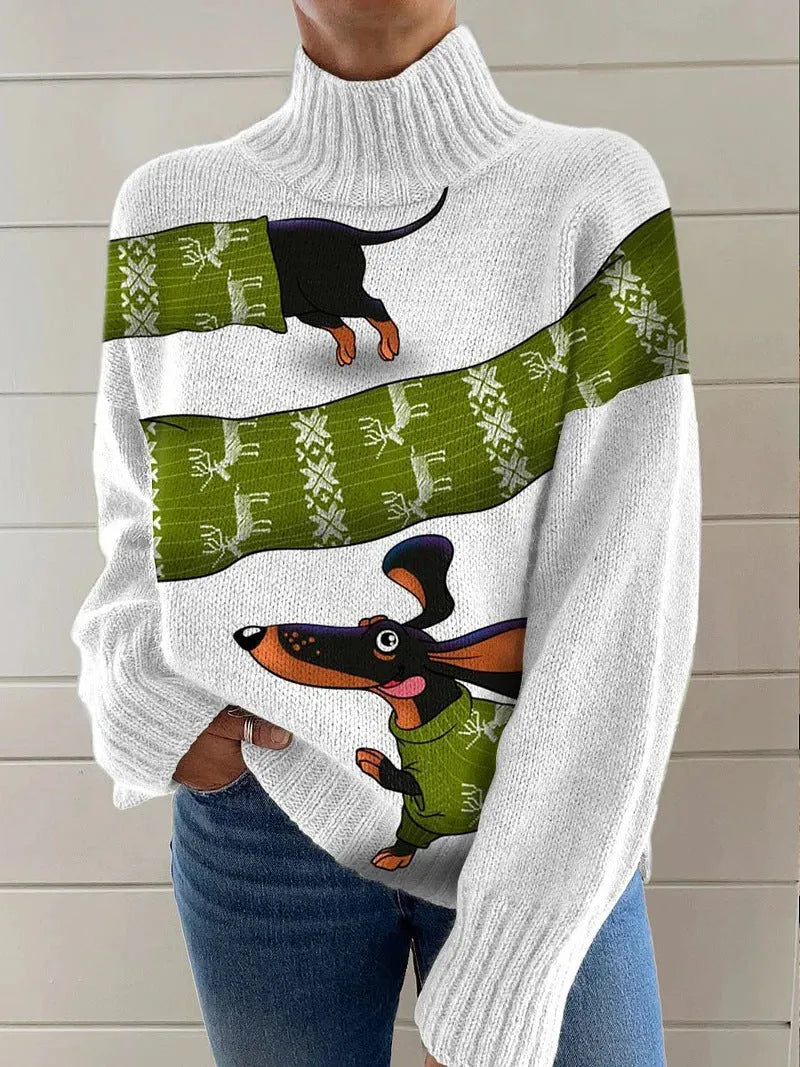 Women's printed Christmas turtleneck sweater in macaron colours with loose fit and long sleeves