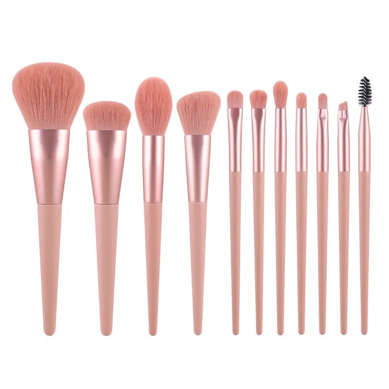 11Pcs makeup brushes set with wooden handles and man-made fibre bristles, 17cm length, 5cm hair.