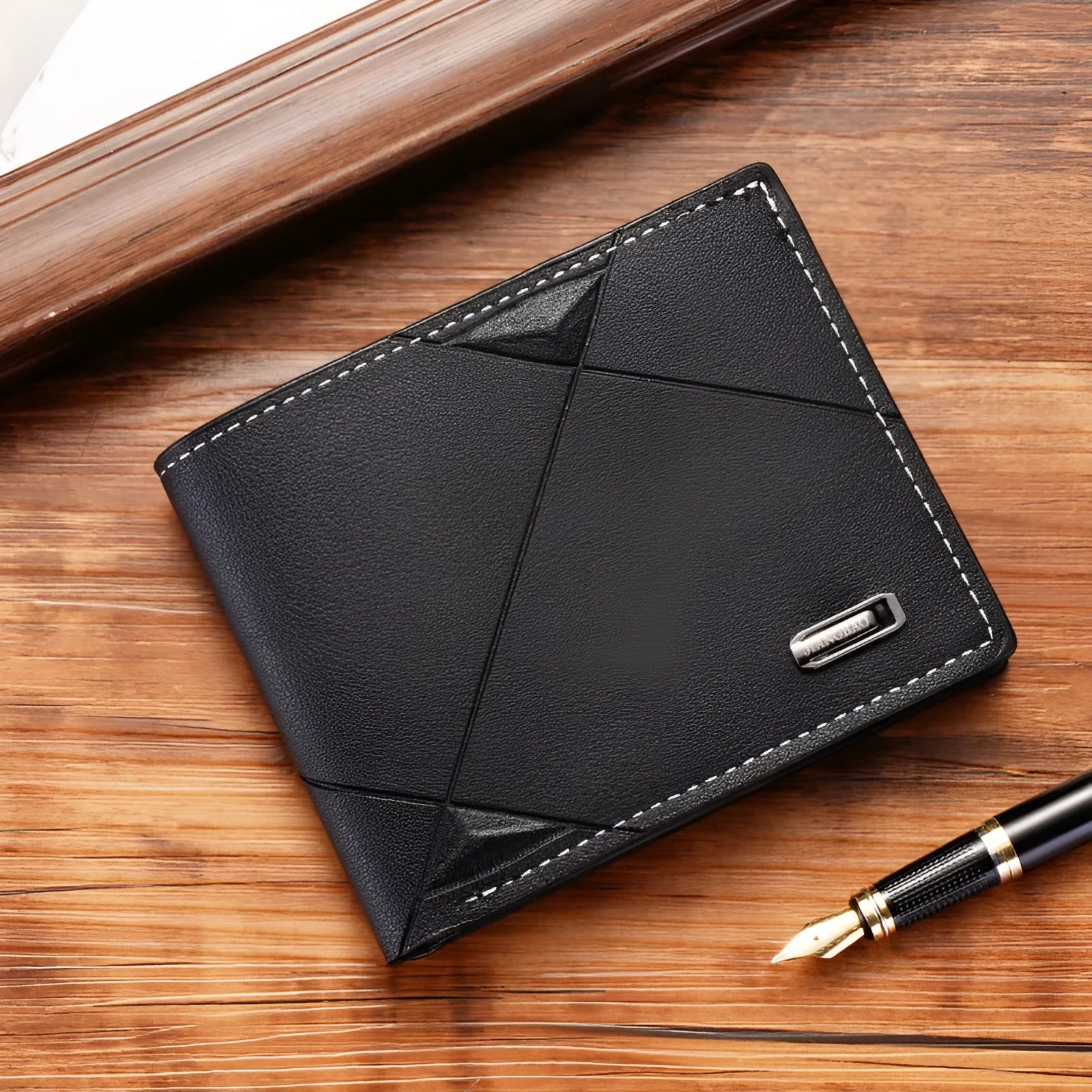 Men's thin three-fold PU leather wallet in black showing multiple card slots.
