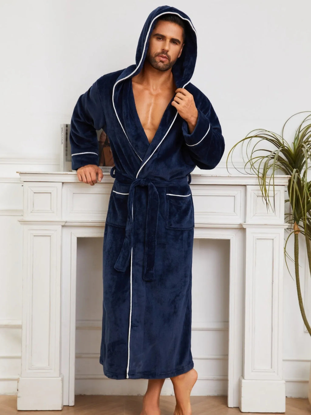 Men's grey flannel bathrobe set with European styling for winter loungewear