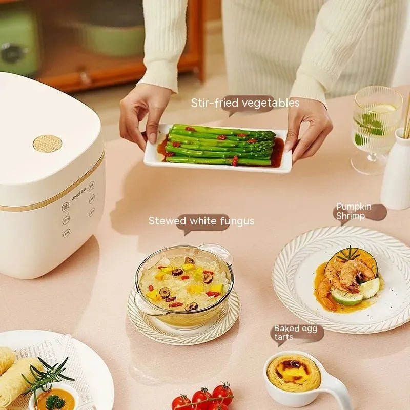White intelligent multi-function rice cooker with 3L capacity and included accessories