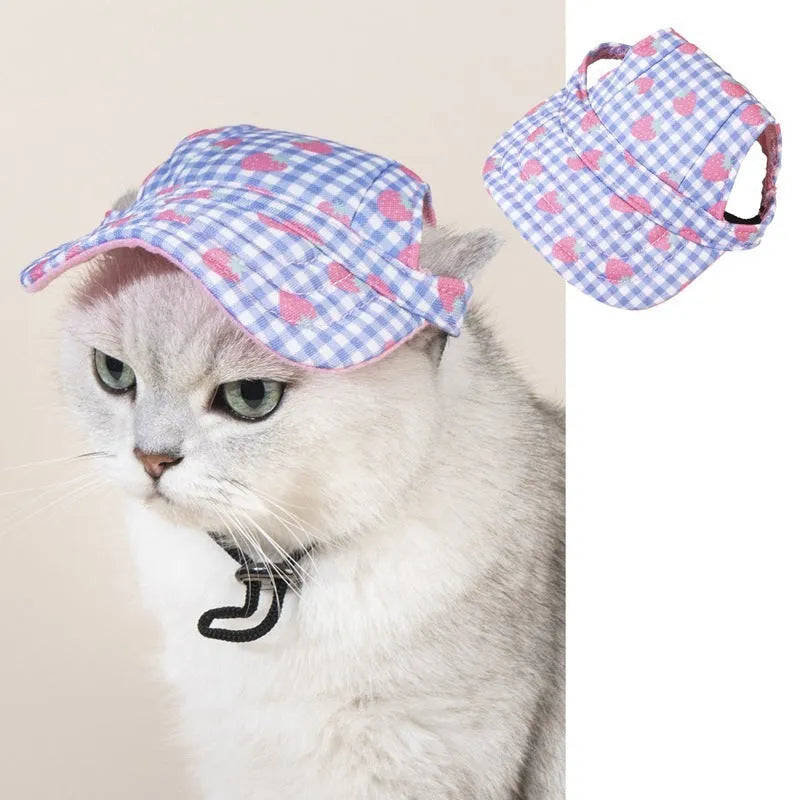 Pet baseball cap made of canvas with adjustable sizing, shown in a plaid pattern for sun protection