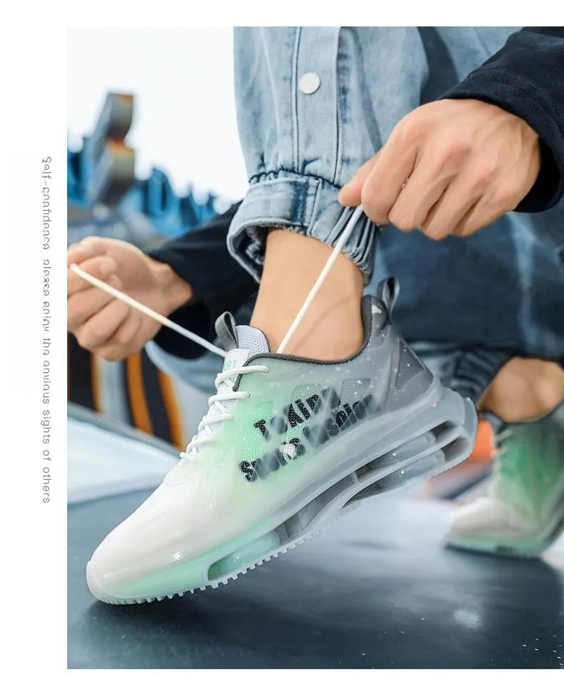 Men's black and green platform casual shoes with mesh upper and rubber sole.