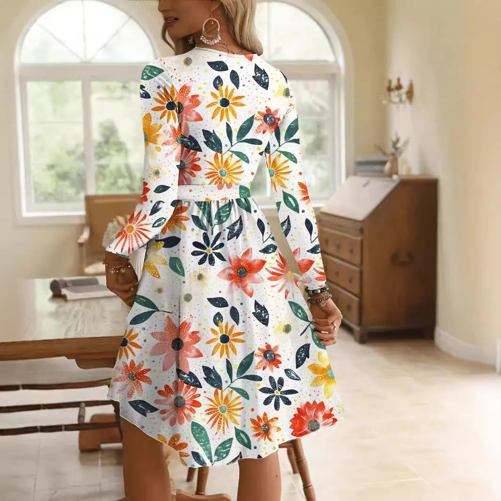 Round neck long sleeve midi waist printing dress for women in pullover style with printed polyester fabric