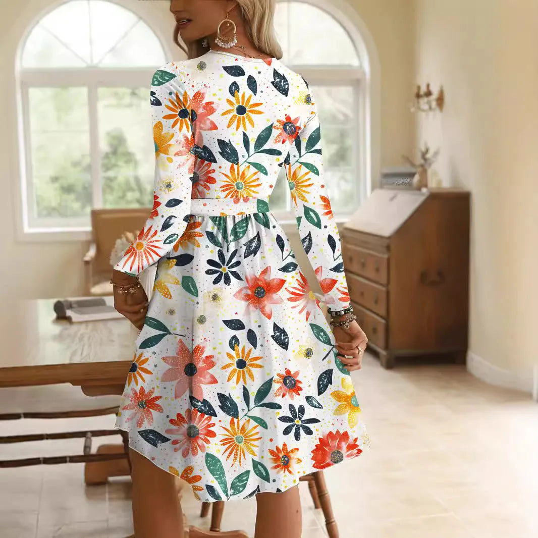 Round neck long sleeve midi waist printing dress for women in pullover style with printed polyester fabric