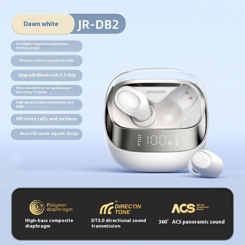 Wireless in-ear headset with charging case, available in Dawn White, with noise reduction and IP54 waterproof rating