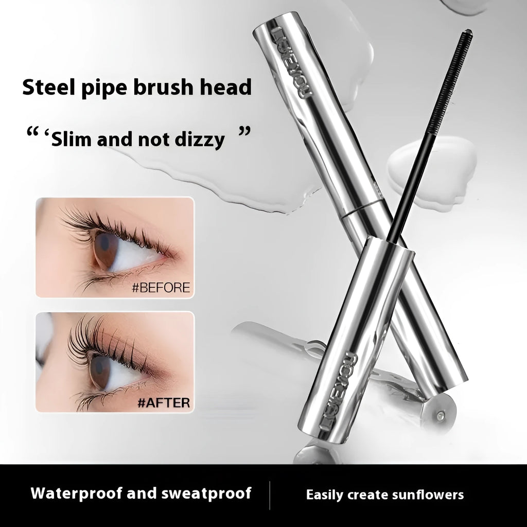 Waterproof steel tube mascara and eyelash curler in black and brown shades.