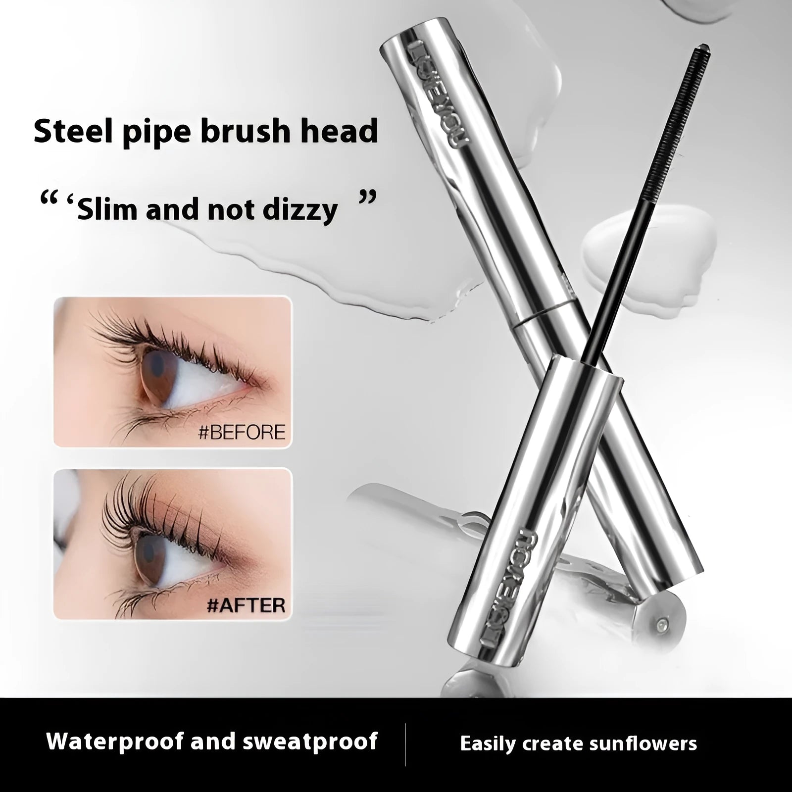 Waterproof steel tube mascara and eyelash curler in black and brown shades.