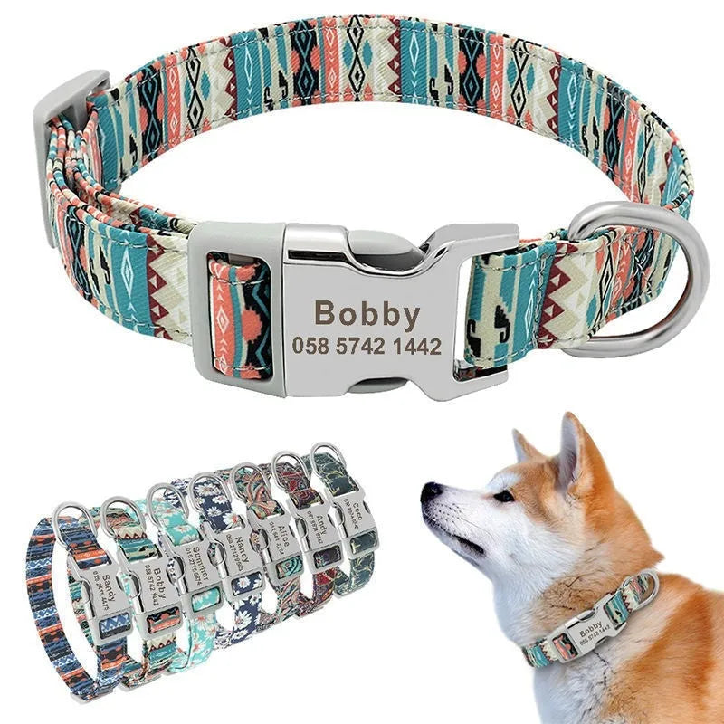 Striped canvas dog collar with semi-metal buckle in bohemian blue colour with adjustable sizing.