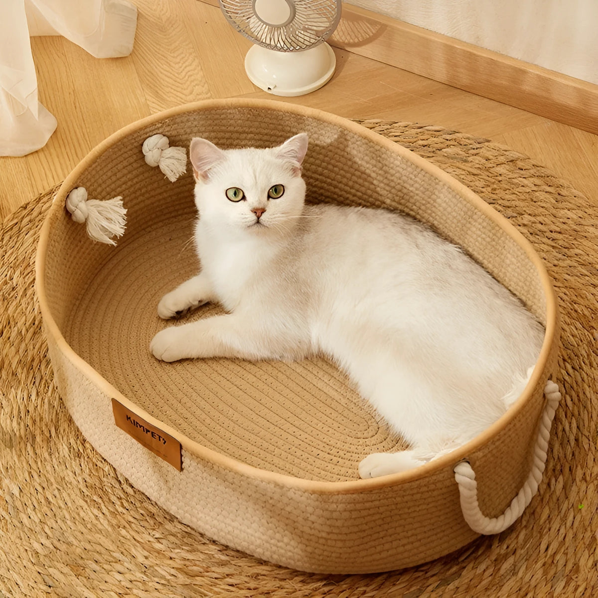 Woven cotton and linen cat nest in medium size with scratch resistant surface, suitable for all seasons