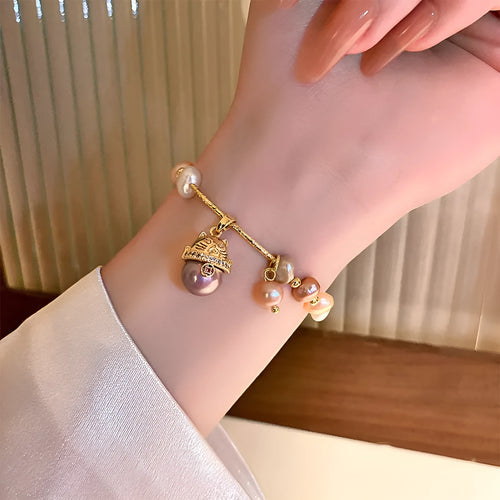 Baroque freshwater pearl bracelet with zircon accents geometric design women's gold colour