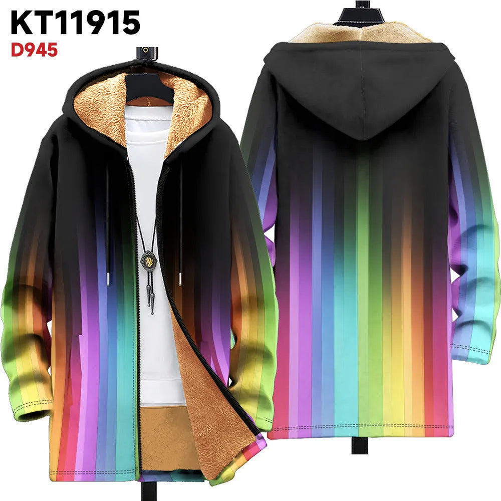 Man wearing a multicolour digitally printed hooded cardigan with a zipper front in a loose fit.