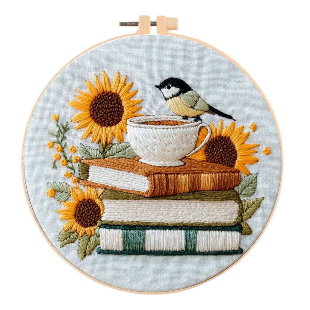 Cotton linen embroidery fabric with Bird Sunflower pattern in modern simplicity style