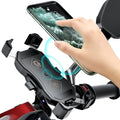 Black plastic motorcycle handlebar phone holder with wireless charging dock for 3.5-6.5 inch smartphones
