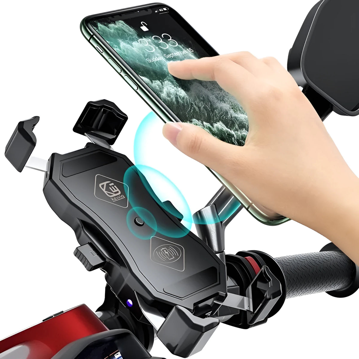 Black plastic motorcycle handlebar phone holder with wireless charging dock for 3.5-6.5 inch smartphones
