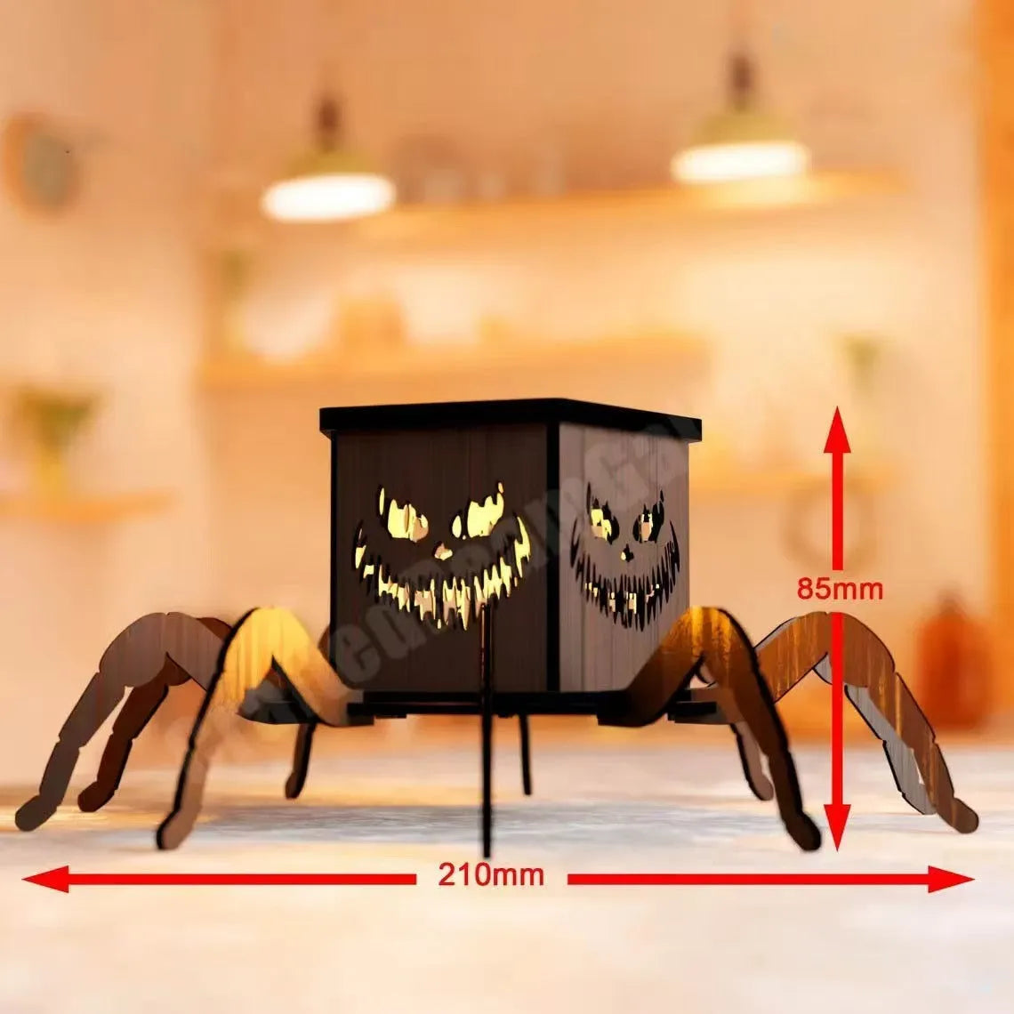 Wooden spider-shaped mini lantern candlestick Halloween decoration on a table