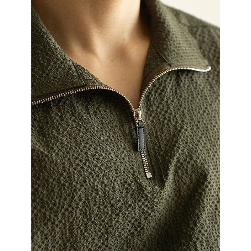 Men's cedar green loose-fit short sleeve polo shirt made from quick-drying ice silk fabric.