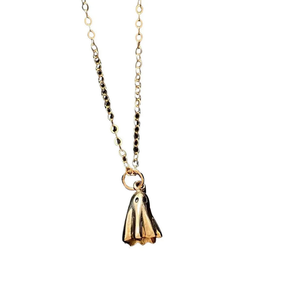 Ghost pendant necklace on a twisted stainless steel chain, shown in Cable, Figaro, and Mini Staple style options.