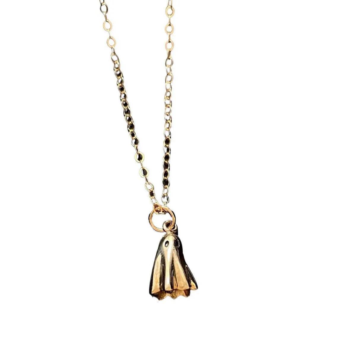 Ghost pendant necklace on a twisted stainless steel chain, shown in Cable, Figaro, and Mini Staple style options.