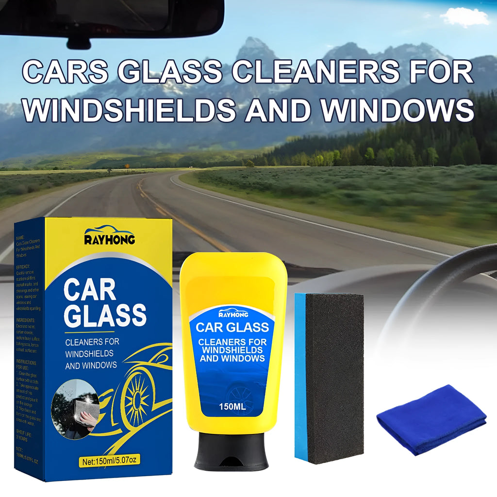 Car windscreen detergent defogging kit showing 150ml bottle, sponge, and microfibre cloth for automotive glass cleaning