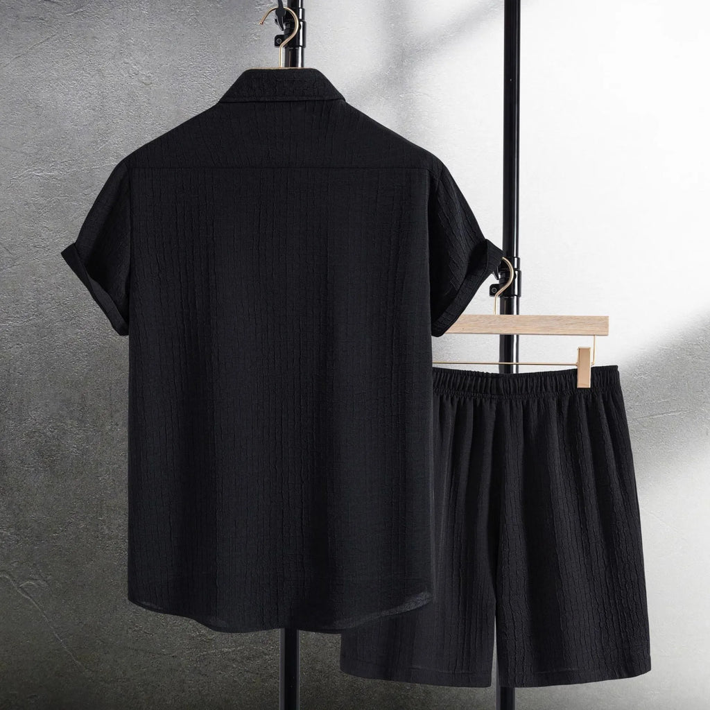 Men's white cotton blend short sleeve shirt and shorts casual suit set