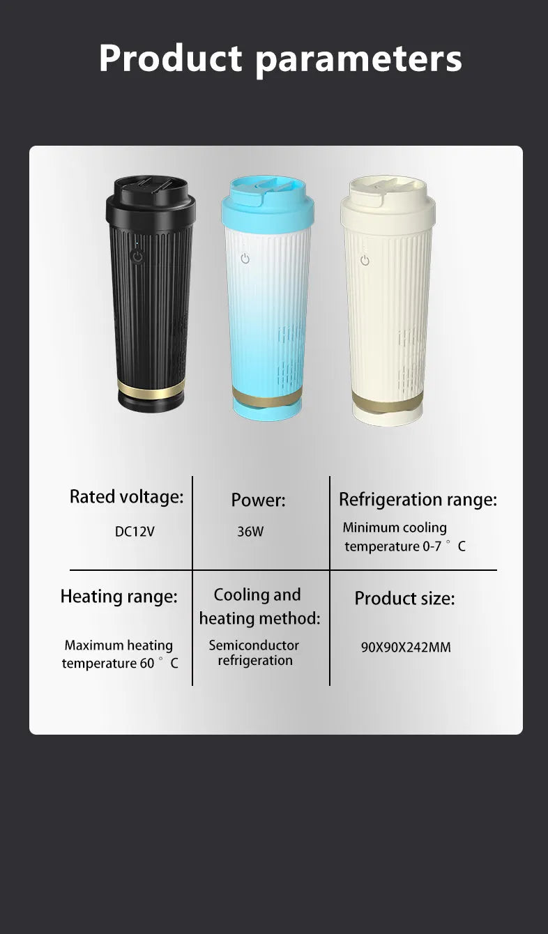 Smart heating and cooling cup in black plastic with white interior and 12V car plug