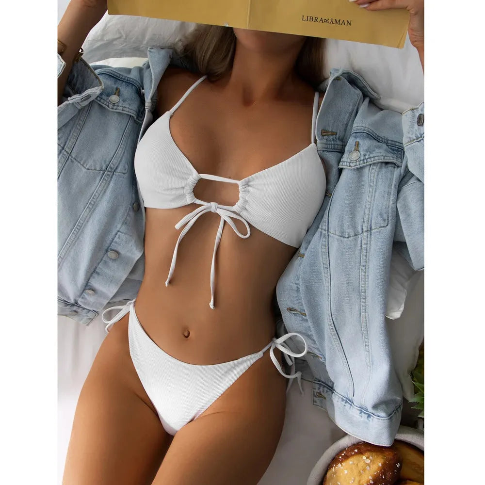 Women's solid colour bikini swimsuit with drawstring waist in army green.