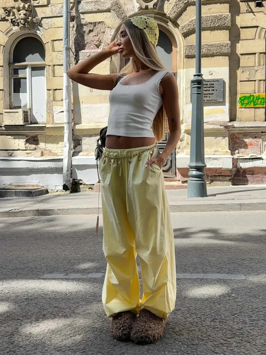 Solid yellow women's drawstring loose casual trousers with straight leg mid waist