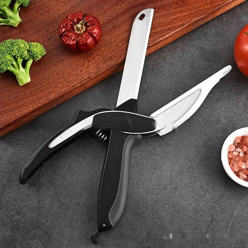 Black multifunctional 2-in-1 removable stainless steel kitchen scissors with straight head on white background