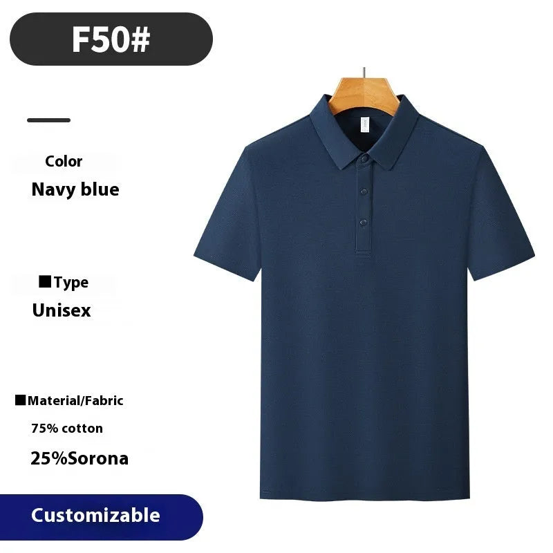 Men's short sleeve business polo shirt in cotton blend fabric with seamless construction, shown in solid colour options