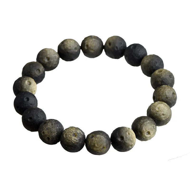 Natural obsidian crater ball bracelet unisex silver stone meteorite finish beaded