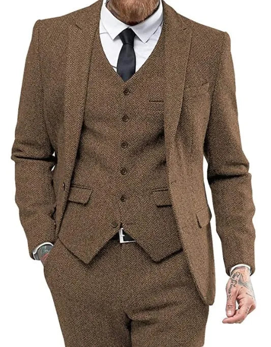 Men's three-piece viscose blend suit set with flat collar, two-button closure, black colour, front view