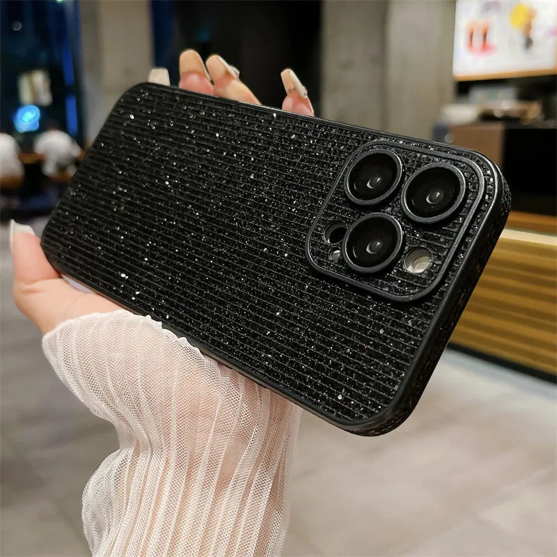 16 Por phone case with diamond lens protector in black for iPhone 12-16 series, PC material, drop-resistant
