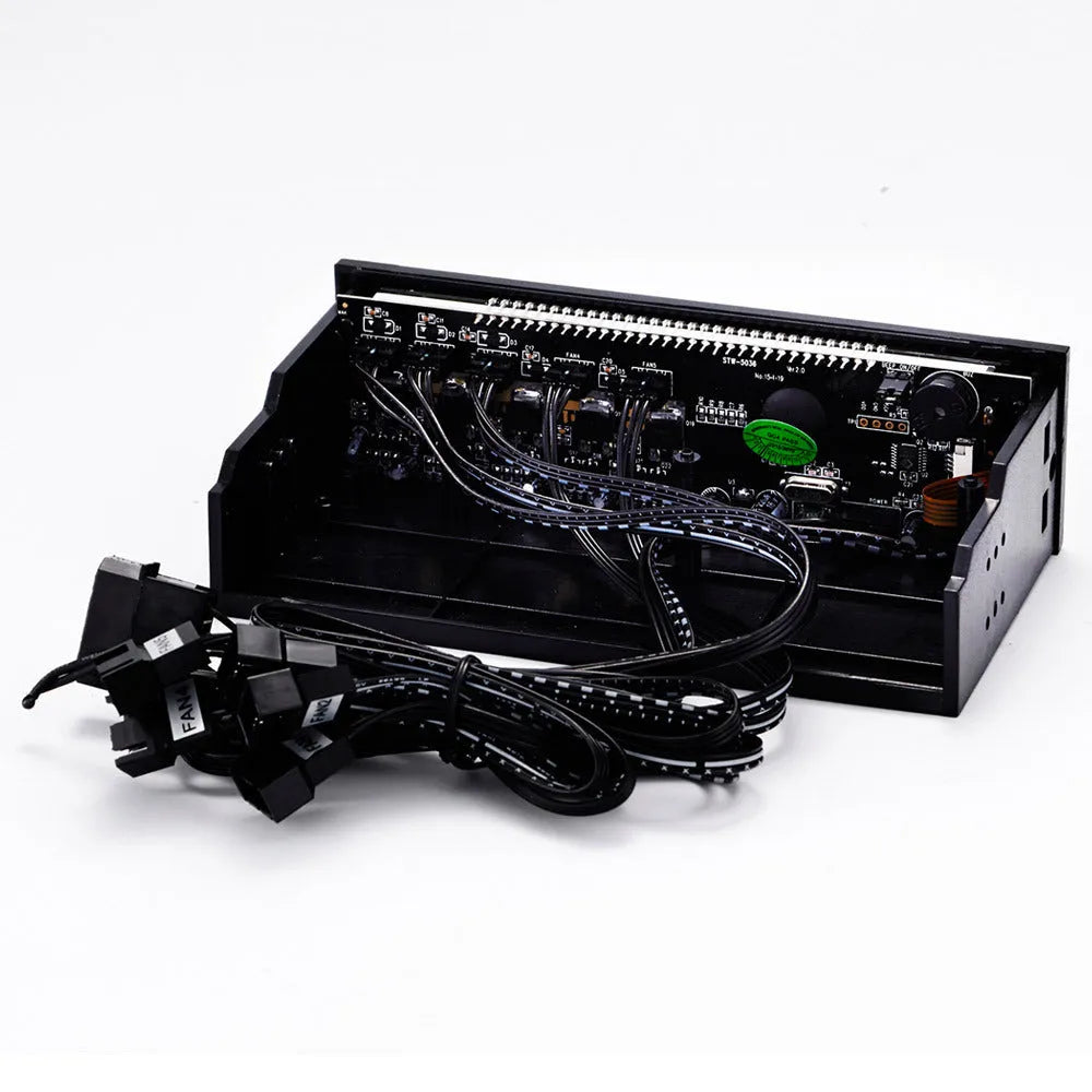 Black computer case temperature controller with 5.8-inch touch screen display for optical drive bay installation