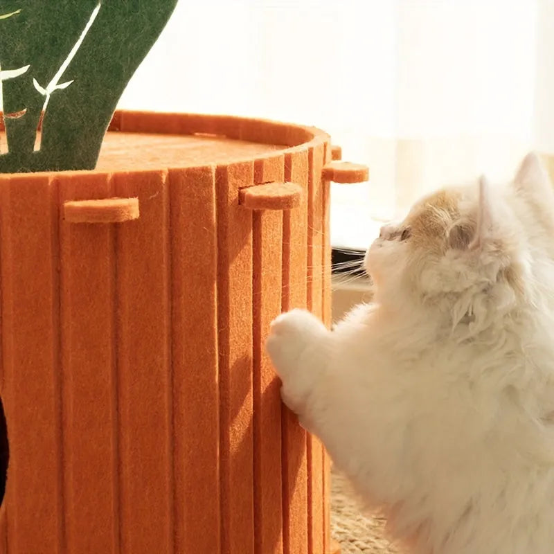 Carrot-shaped felt cat nest tunnel with semi-enclosed drilled design for feline privacy and comfort
