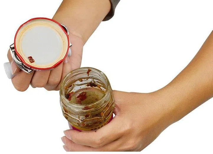 White stainless steel adjustable bottle cap opener with PP handle showing gear mechanism