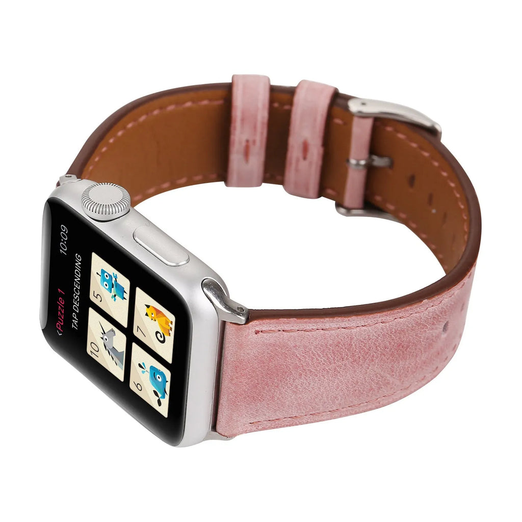 Blue leather watch strap with a silver folding buckle on a 42mm width watch case.