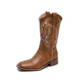 Brown women's mid-calf Martin boots with embroidery detailing and waterproof platform