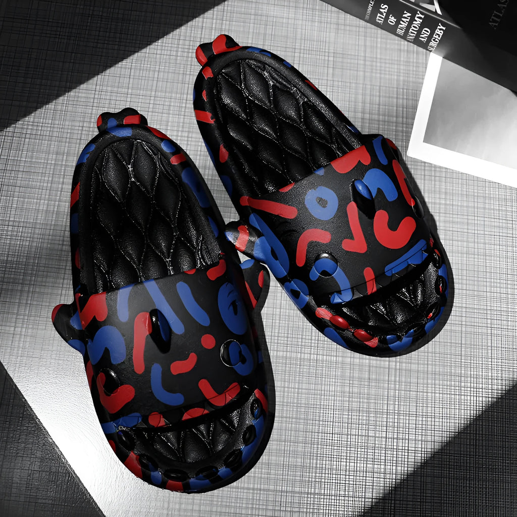 Casual open-toe shark design slippers in EVA material on a colour selection background.
