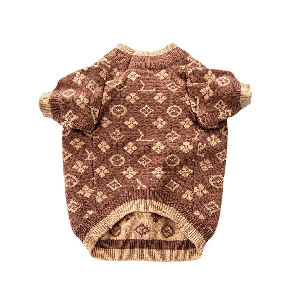A dog wearing a thick wool knit sweater in a European style, available in sizes from XS to XXL.