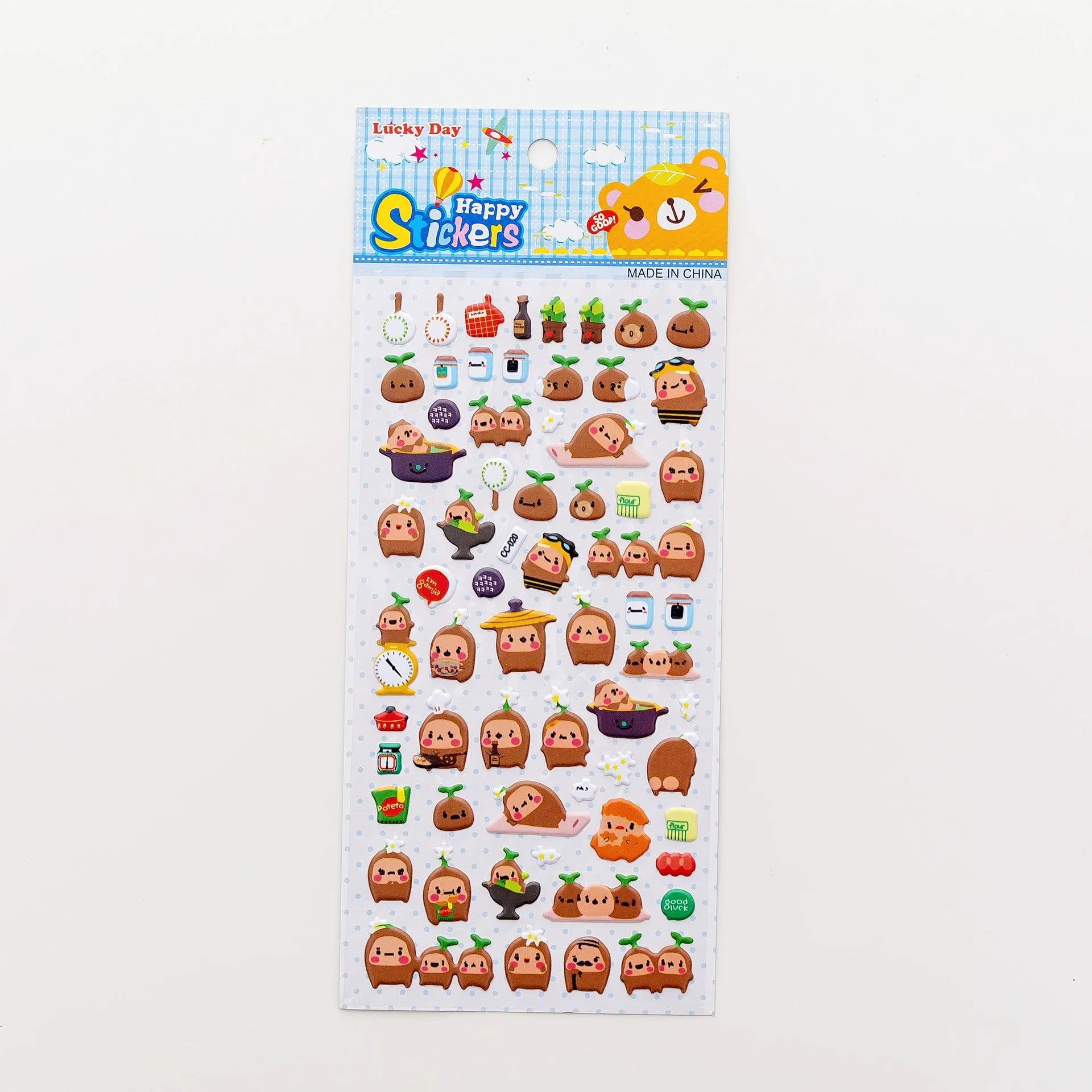 Cartoon three-dimensional bubble stickers sheet showing alpaca, forest animals, and dinosaur designs for hand account decoration