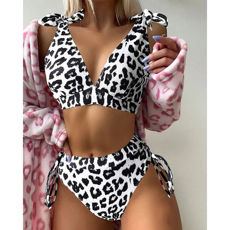 Women's purple leopard print high waist suit with lace-up sleeveless top and matching shorts