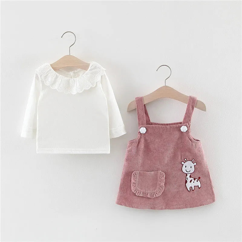 Baby girl cotton dress set with long sleeves and suspender style, featuring animal and cartoon prints in solid colour