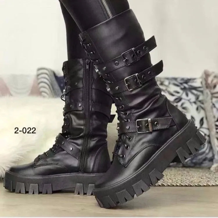 Women's black mid-calf knight boots with metal buckle detailing and side zipper