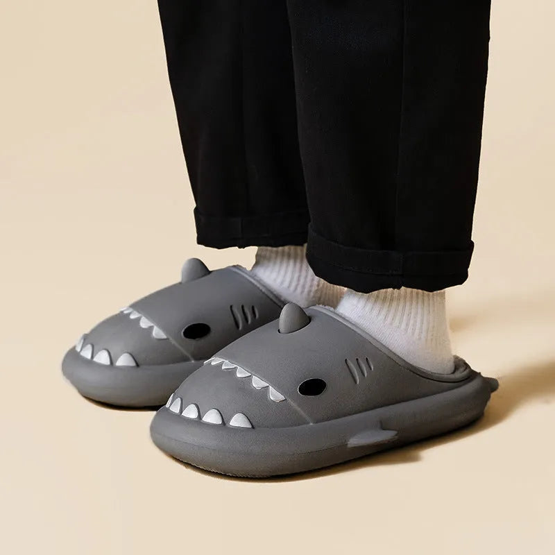 Cartoon shark EVA slippers in yellow couple colour with Baotou closed-toe style and thickened sole
