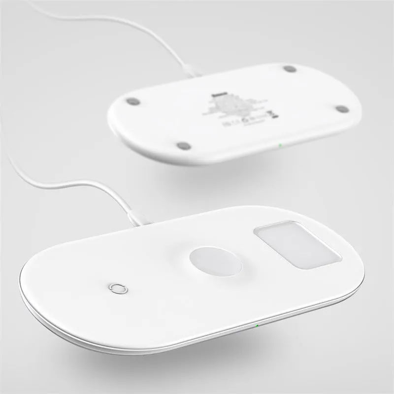 Smart three-in-one wireless charger for phone, watch, and earphones, shown in black on a desktop with a smartphone placed on the pad