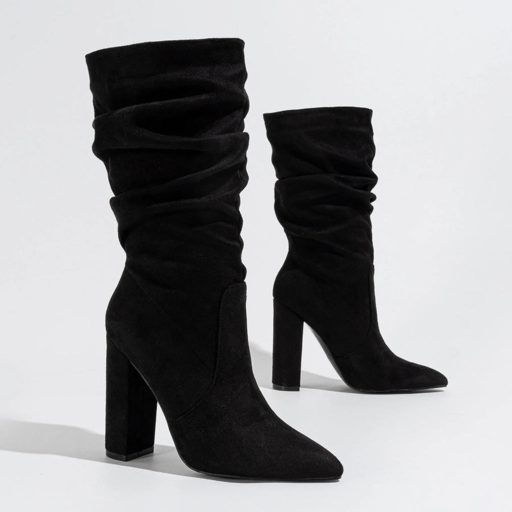 Women's chunky heel pointed-toe pile style boots in black suede with super high heel above 8cm
