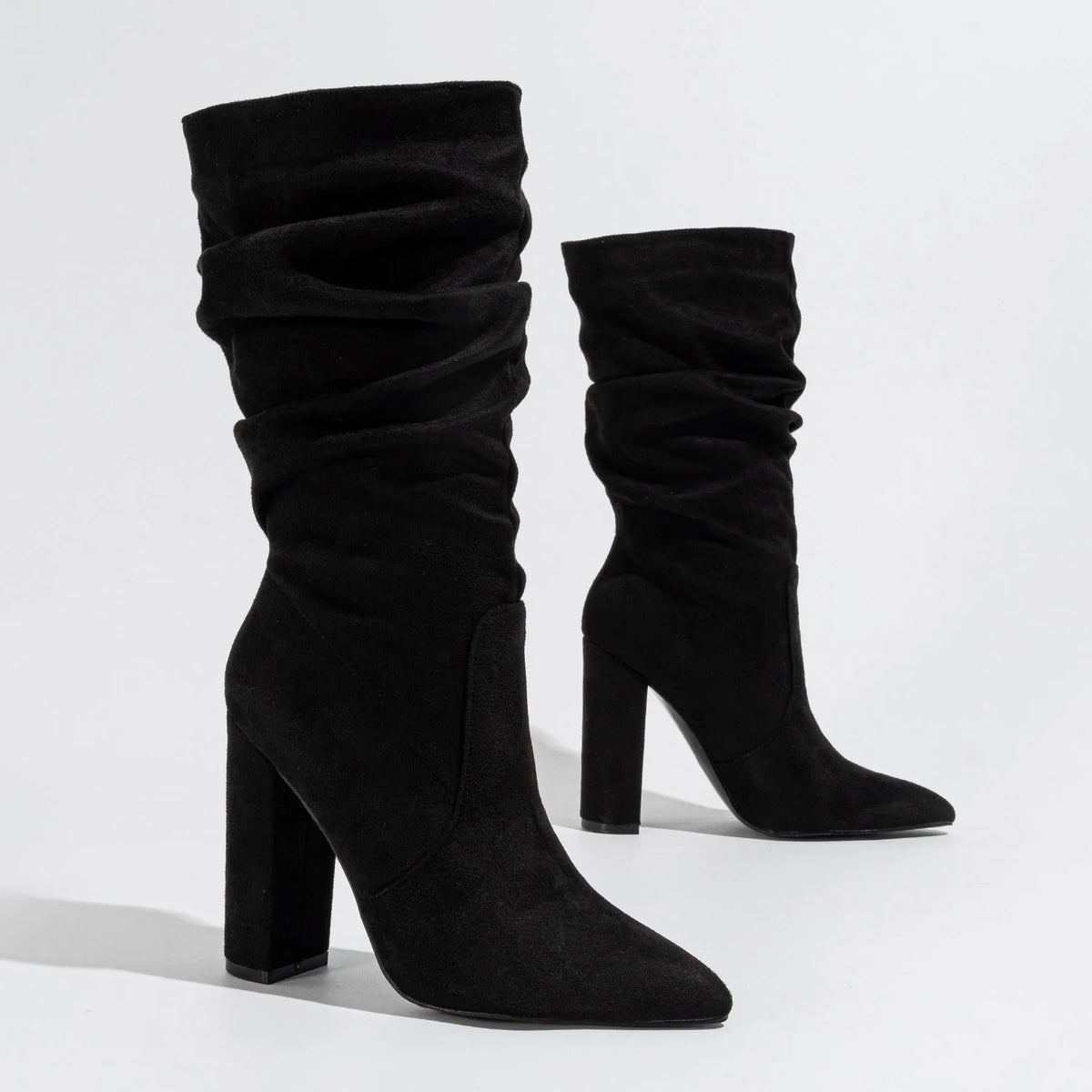 Women's chunky heel pointed-toe pile style boots in black suede with super high heel above 8cm
